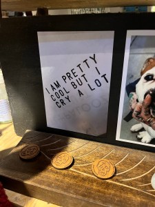 postcard displayed in front of three hand made coins with distinctive motifs, postcard is black and white text in a typewriter font that says - I’m pretty cool but I cry a lot